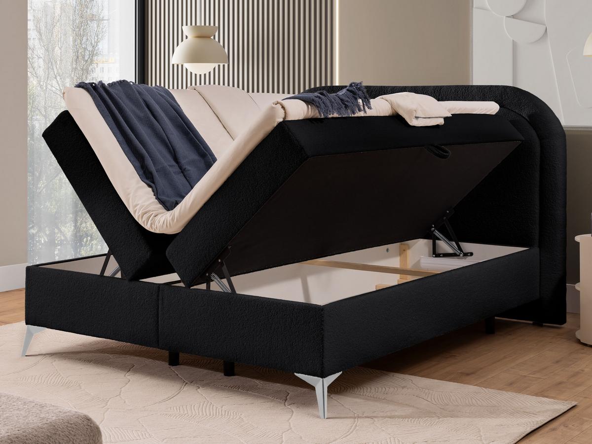 BOXBETT Sonna 200/200 cm Schwarz Bouclé-Stoff mit abgerundetem Kopfteil und mit silbernen Metallfüßen - Silberfarben/Schwarz, Holz/Textil (200/200cm) - S-Style