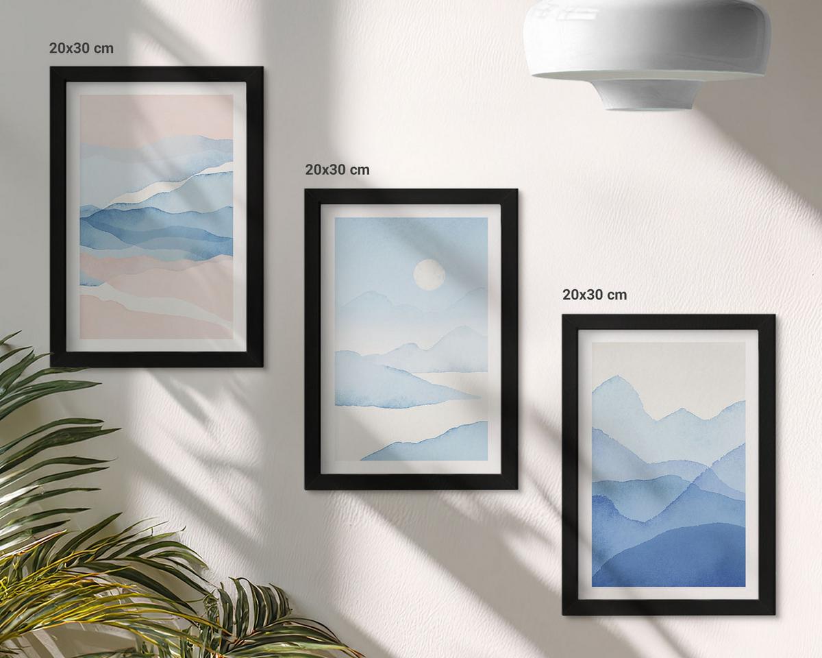 BILDER SET 3er Set - 20x30 cm Schwarzer Rahmen - Aquarell: Blau-rosa Berge - Schwarz, Kunststoff (20/30cm) - TULUP