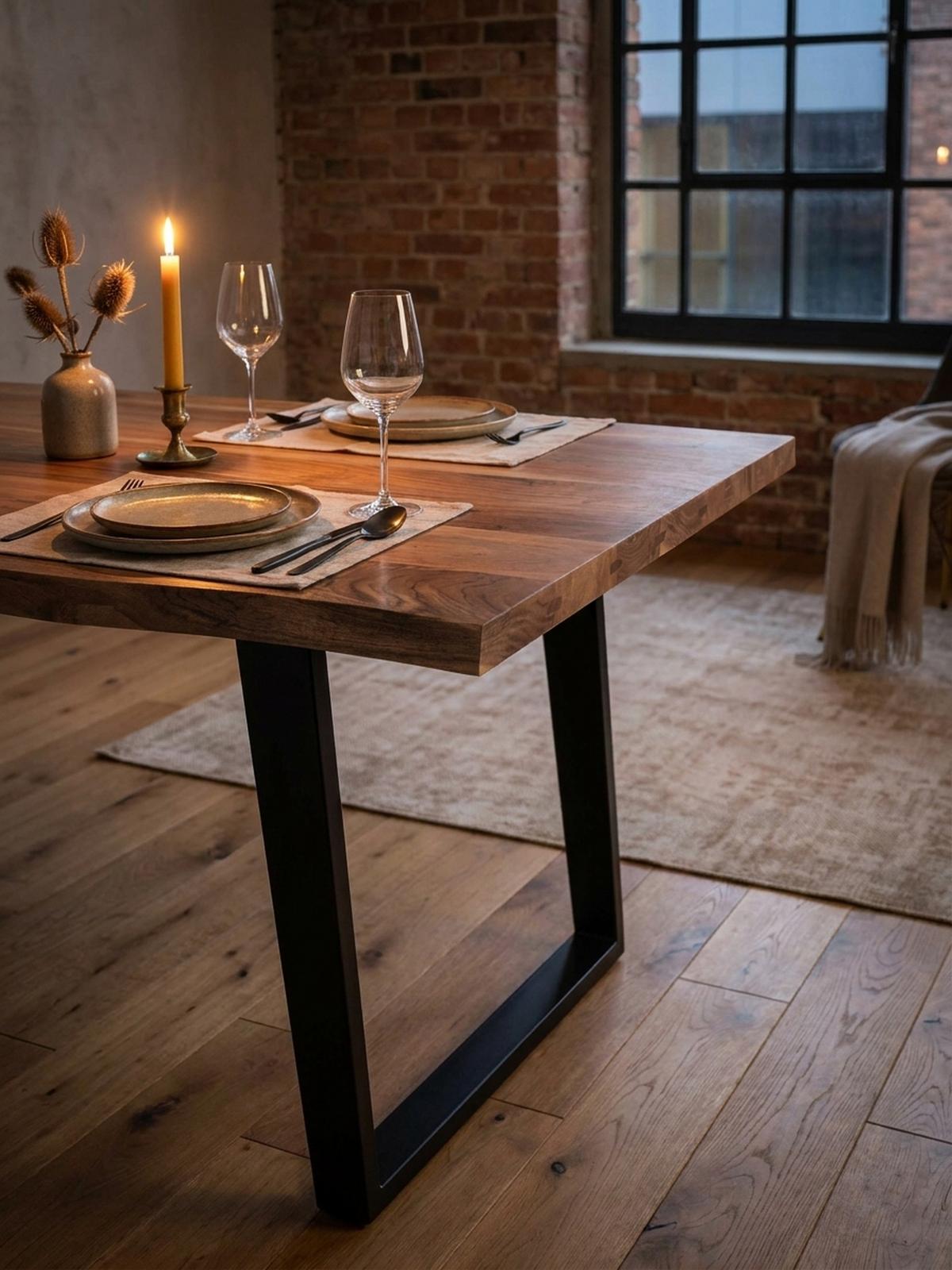 ESSTISCH Massivholz Baumkante Metall U-Gestell Handgefertigt ATOLL, Goldbraun-Schwarz 160x80x76 cm - Schwarz/Braun, Holz/Metall (80/160/76cm) - KADIMA DESIGN