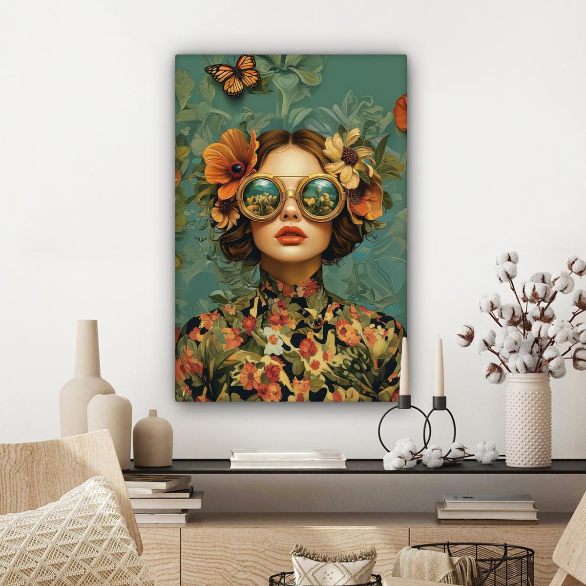 LEINWANDBILD Frau - Blumen - Schmetterlinge - Natur - Vintage Wanddeko Schlafzimmer 60x90 cm - Salbeigrün, Textil (60/90cm) - MuchoWow