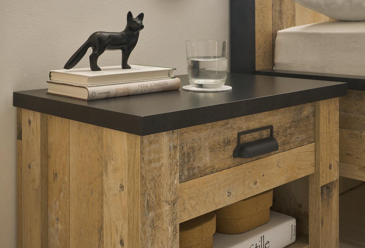 NACHTTISCH Used Wood hell, dunkles Grau 60 x 61 cm, Nachtkommode mit Schubkasten und Soft-Close - Dunkelgrau/Schwarz, Holzwerkstoff/Kunststoff (60/61/39cm) - Furn.Design