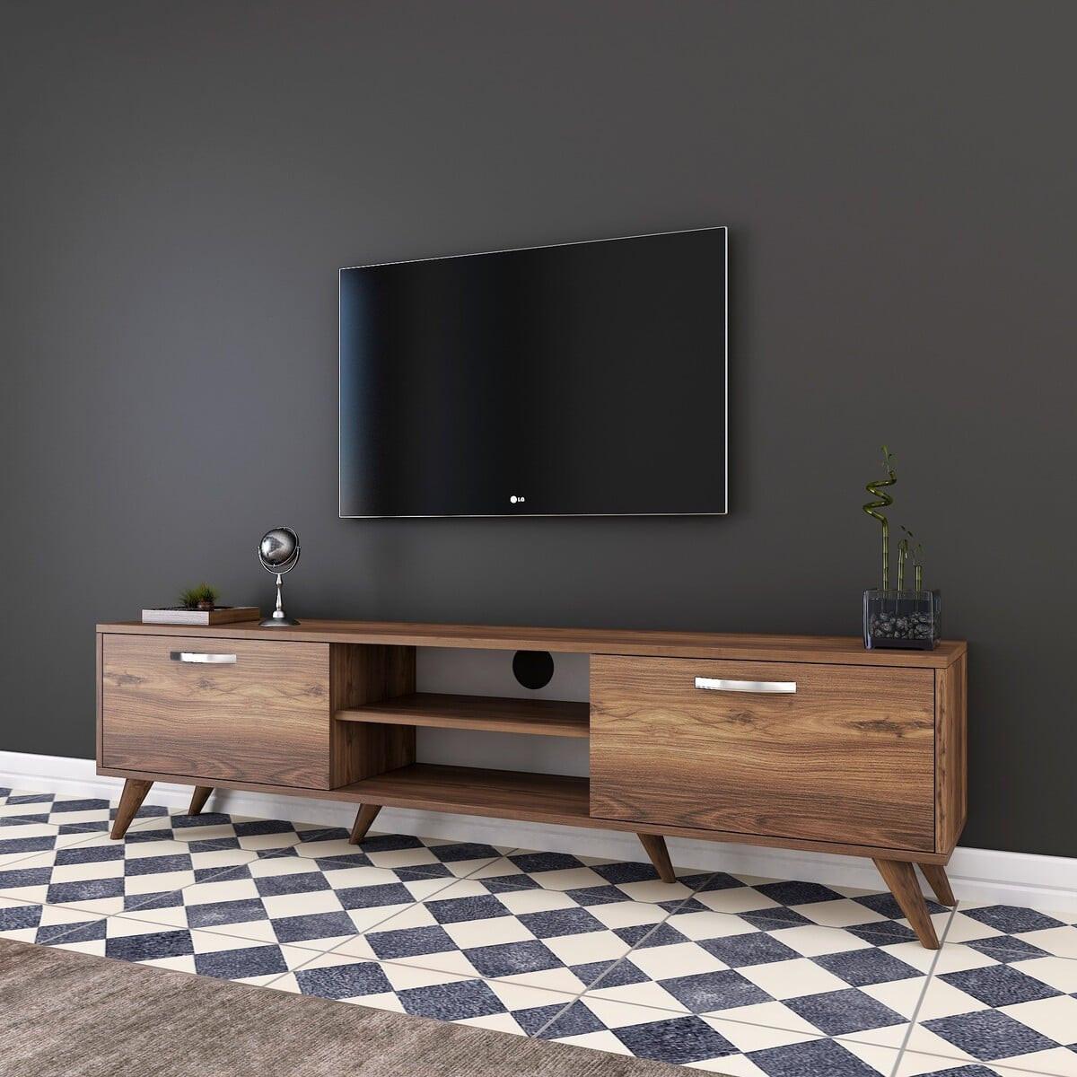 TV-MÖBEL 2 Klapptüren 2 offene Fächer in der Mitte Dekor Walnussholz 35/48,6/180 cm - Nussbaumfarben, Holzwerkstoff (180/48.6/40.5cm) - Calicosy