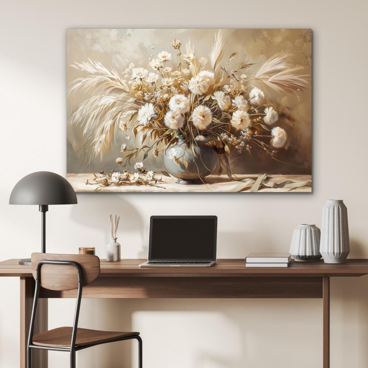 METALLBILD Blumen - Vase - Stilleben - Beige Wanddeko 90x60 cm - Creme, Metall (90/60cm) - MuchoWow
