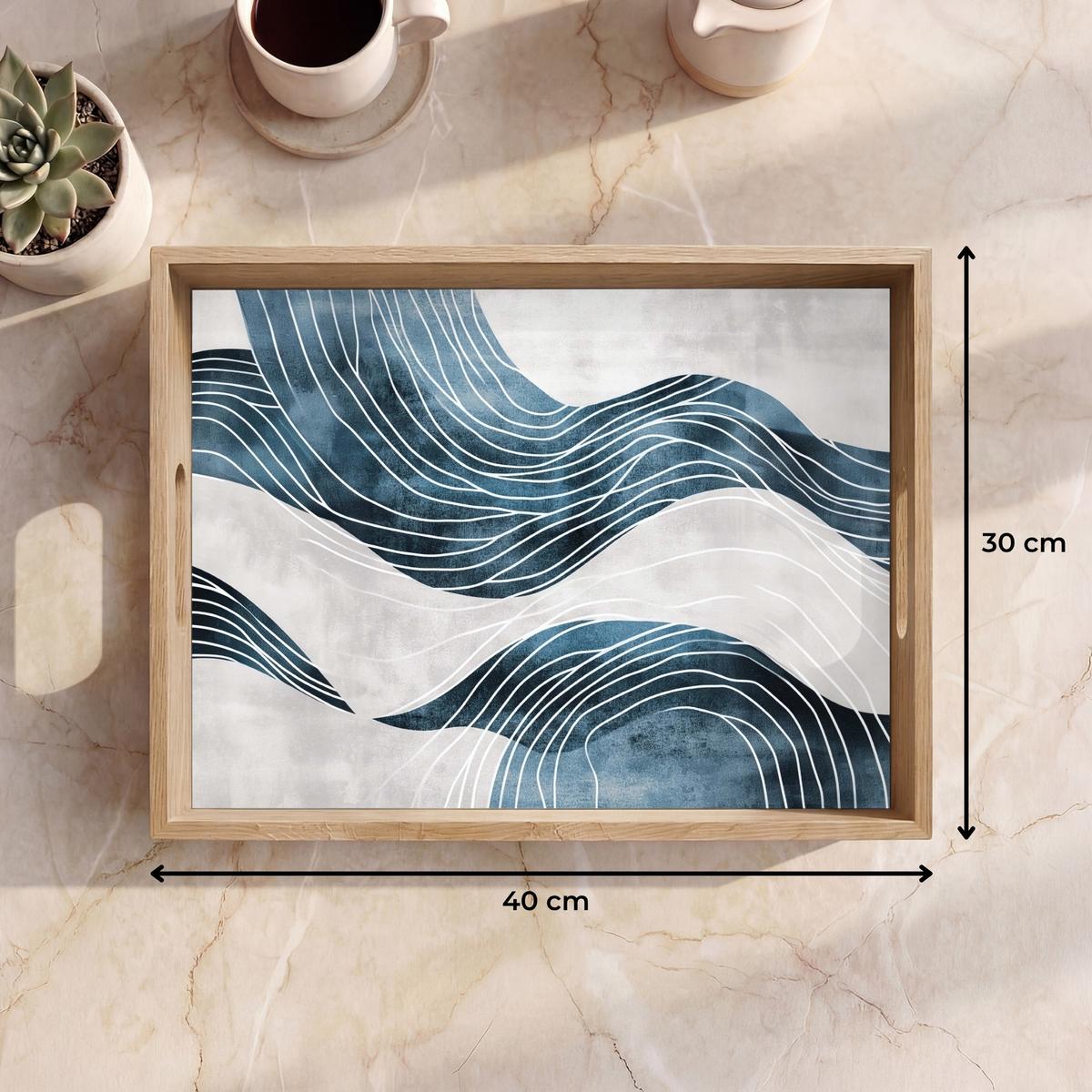 TABLETT Linien - Wellen - Abstrakt - Grau 40x30 cm - Blau, Holz (40/5/5cm) - OnlyWow