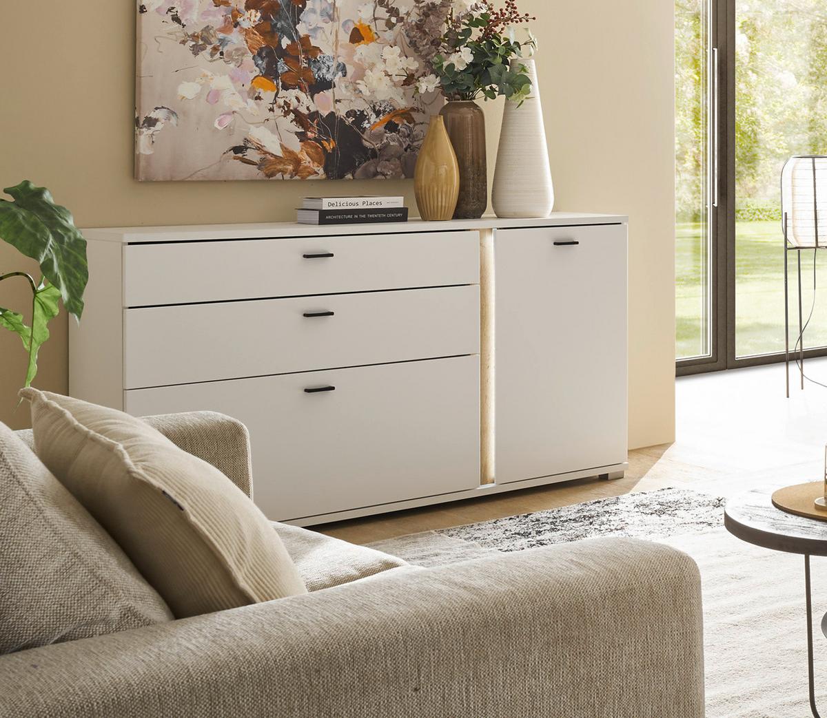 SIDEBOARD weiß matt, Eiche Wotan 150 cm, Kommode inklusive Frontbeleuchtung - Eiche Wotan/Silberfarben, Holzwerkstoff/Kunststoff (150/86/42cm) - Furn.Design