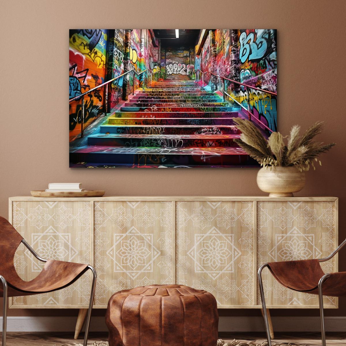 METALLBILD Treppe - Graffiti - Farben - Kunst Deko Groß 120x80 cm - Multicolor, Metall (120/80cm) - MuchoWow