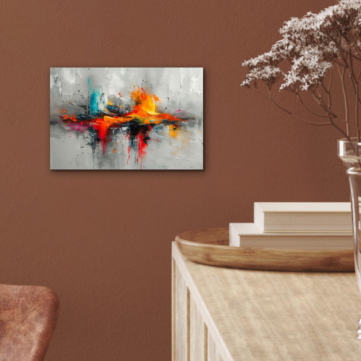 METALLBILD Moderne Kunst - Orange - Grau - Abstrakt 30x20 cm - Hellgrau, Metall (30/20cm) - MuchoWow