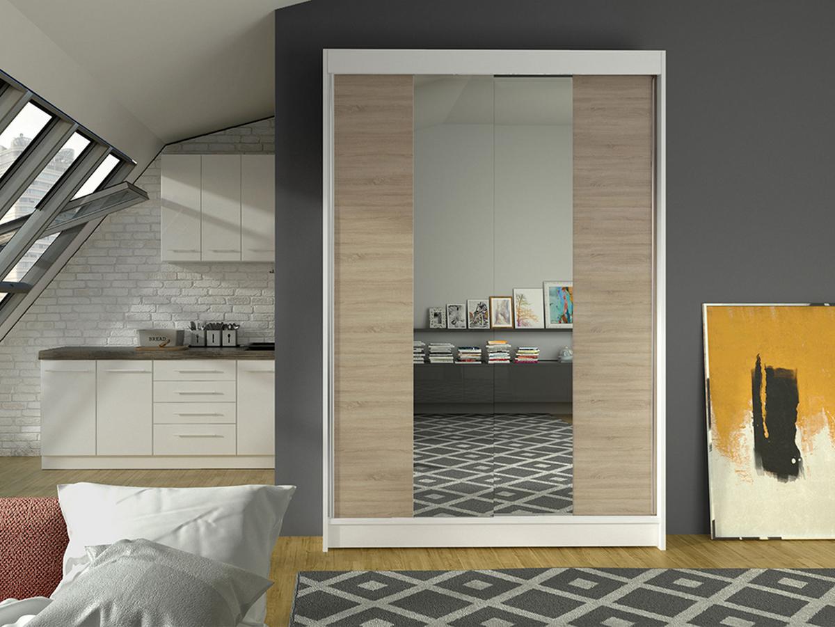SCHWEBETÜRENSCHRANK Lino II - Weiß/Sonoma Eiche, Holzwerkstoff/Metall (120/200/58cm) - MIRJAN24