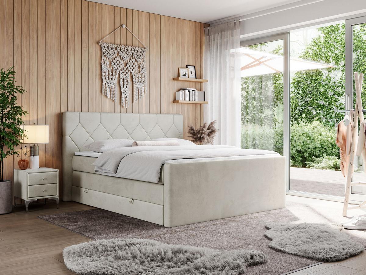 BOXSPRINGBETT KING EIGAR 200/200 Beige Velvet - H4 - Beige, Holz/Textil (200/200cm) - MKS
