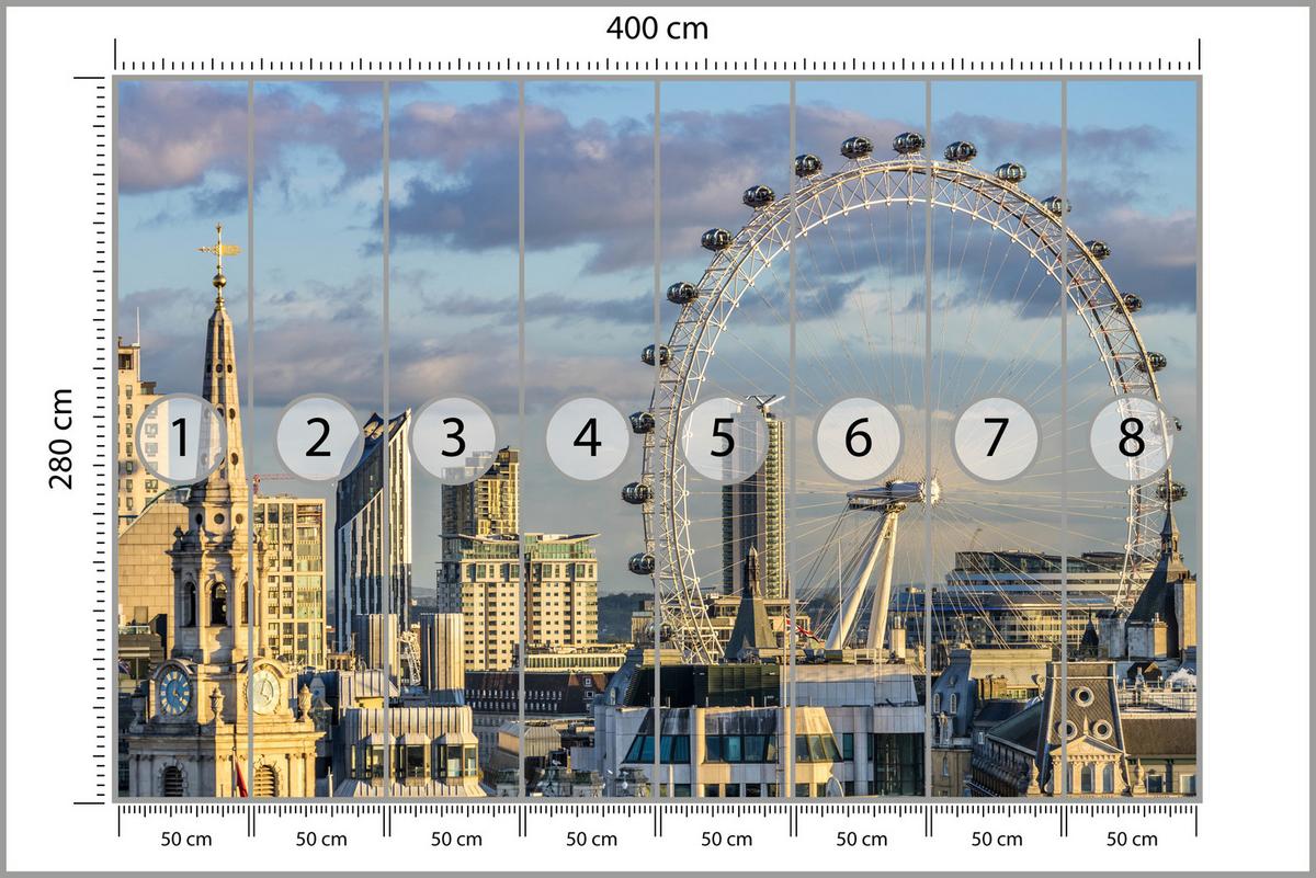 FOTOTAPETE für Schlafzimmer London Eye Skyline Wolkenkratzer Stadt 400x280 - Blau/Beige, Papier (400/280cm) - Muralo