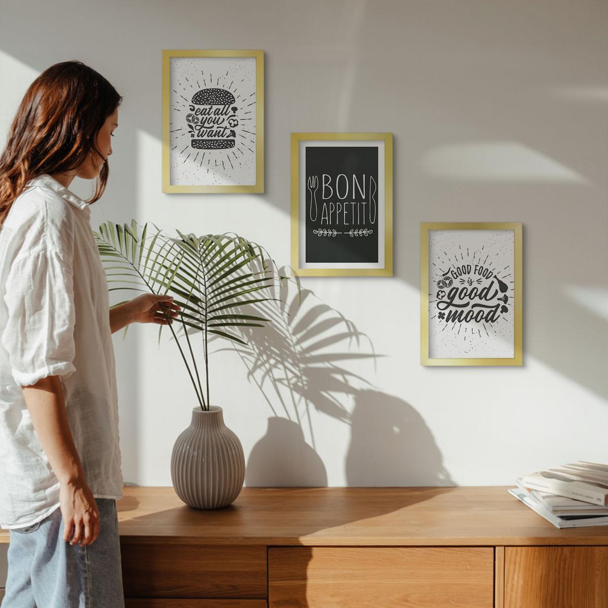 BILDER SET 3er Set - 20x30 cm Goldrahmen - Grafiken, Lebensmittel, kulinarische Slogans - Goldfarben, Kunststoff (20/30cm) - TULUP