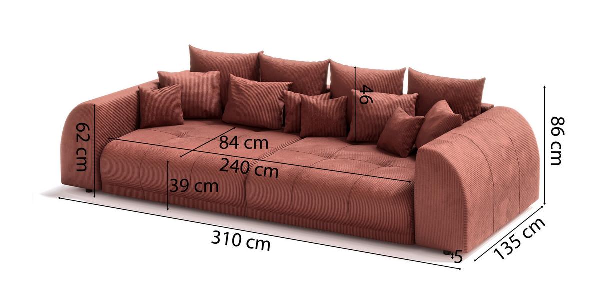BIGSOFA Levana 5 Sitzer Terrakotta Cord-Stoff - Terracotta/Schwarz, Holz/Kunststoff (310/86/135cm) - S-Style Möbel
