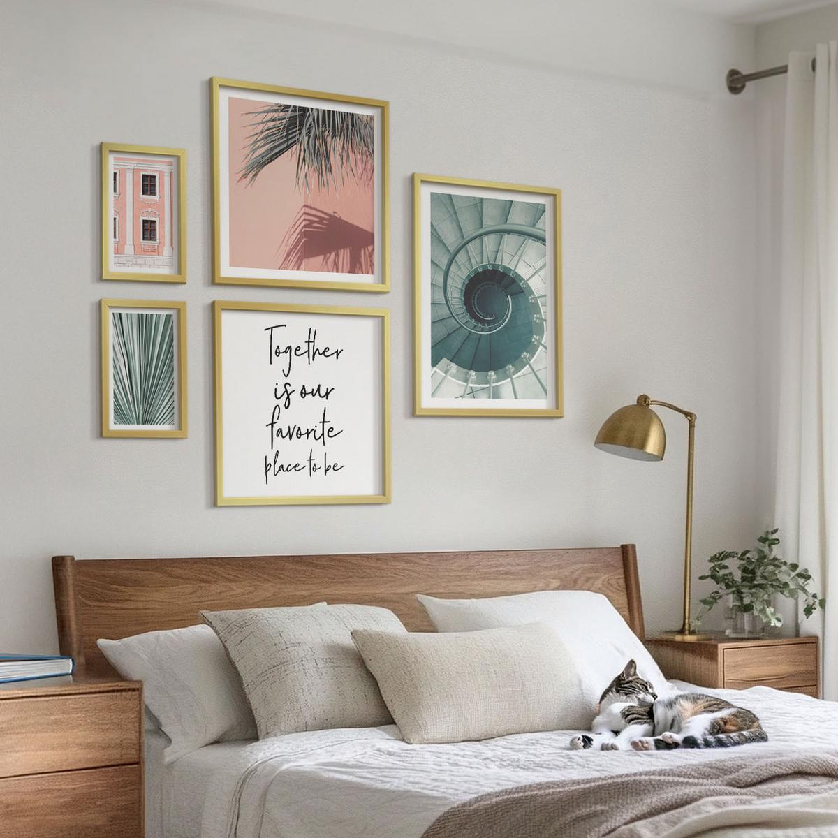 BILDER SET 5er Set - 50x50 cm & 20x30 cm & 40x60 cm Goldrahmen - Architektur-Pastellmuster - Goldfarben, Kunststoff (40/60cm) - TULUP