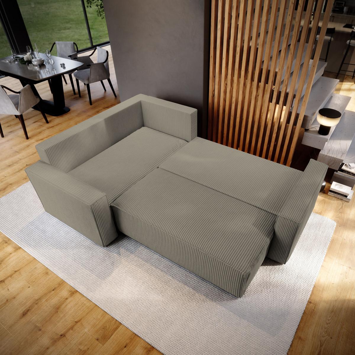 ECKSOFA ESTANO L-S Beige Kordstoff mit Schlaffunktion - Beige, Holz (230/158cm) - MASSENO