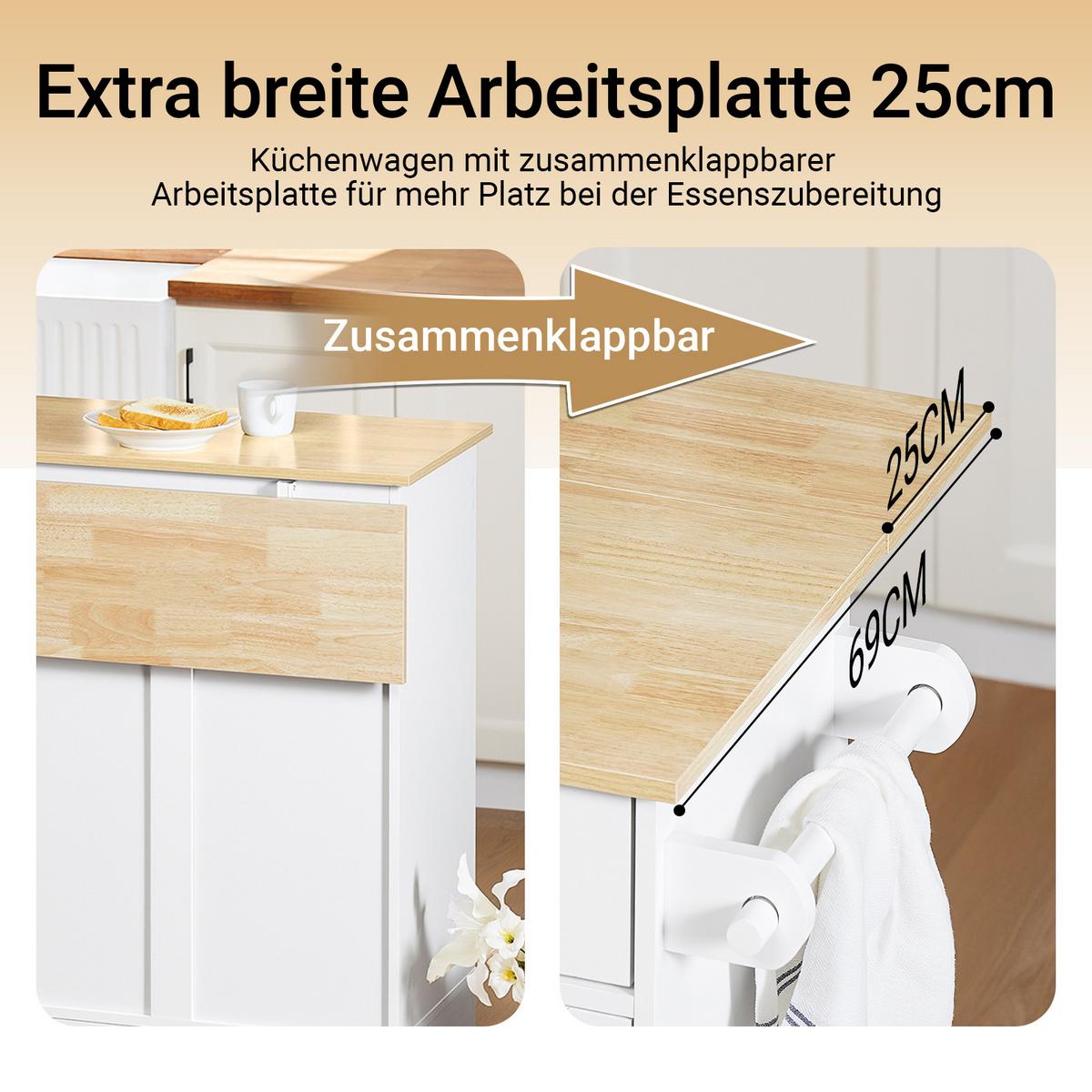 KÜCHENINSEL mit ausziehbarer Arbeitsplatte, Weiß-Natur 113x91x(44-69) cm - Weiß, Holzwerkstoff (113/91/69cm) - SoBuy