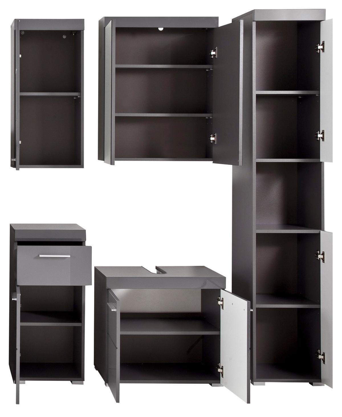 BADMÖBEL-SET grau Hochglanz 5-teilig 163 x 190 cm, Komplett-Set mit viel Stauraum - Grau, Glas/Holzwerkstoff (163/190/34cm) - Top.Furn