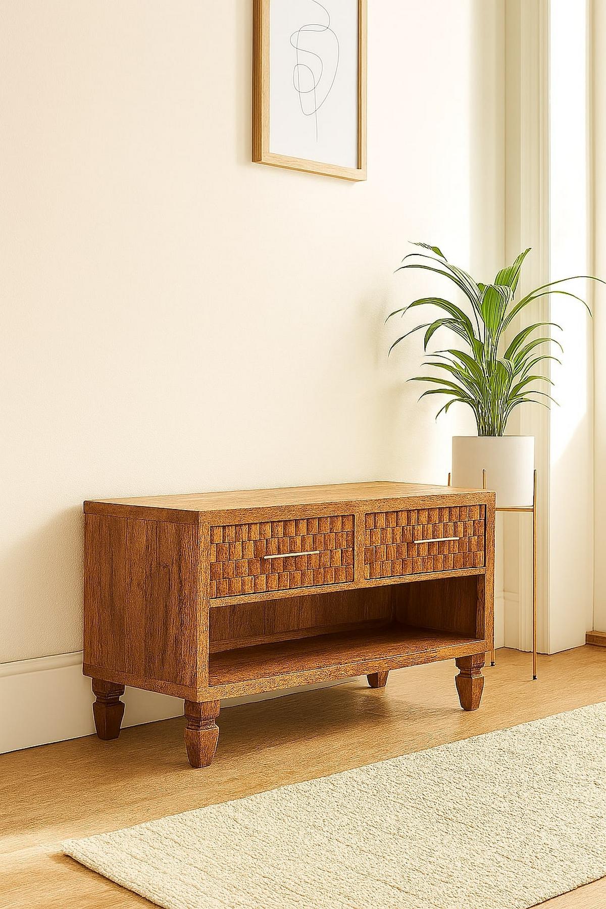 AUFBEWAHRUNGSMÖBEL Golden-Teak-Finish, 2 Schubladen, 1 offenes Regal, Hellbraun - Hellbraun/Braun, Holz (35/55/87cm) - Artisan Furniture
