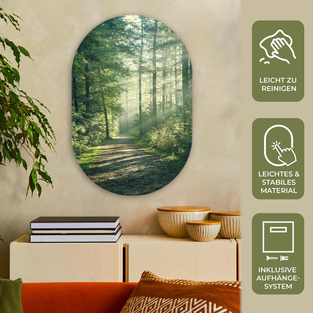WANDBILD Wald - Weg - Sonne - Bäume - Grün - Natur Wanddeko Schlafzimmer 60x90 cm - Waldgrün, Kunststoff (60/90cm) - MuchoWow