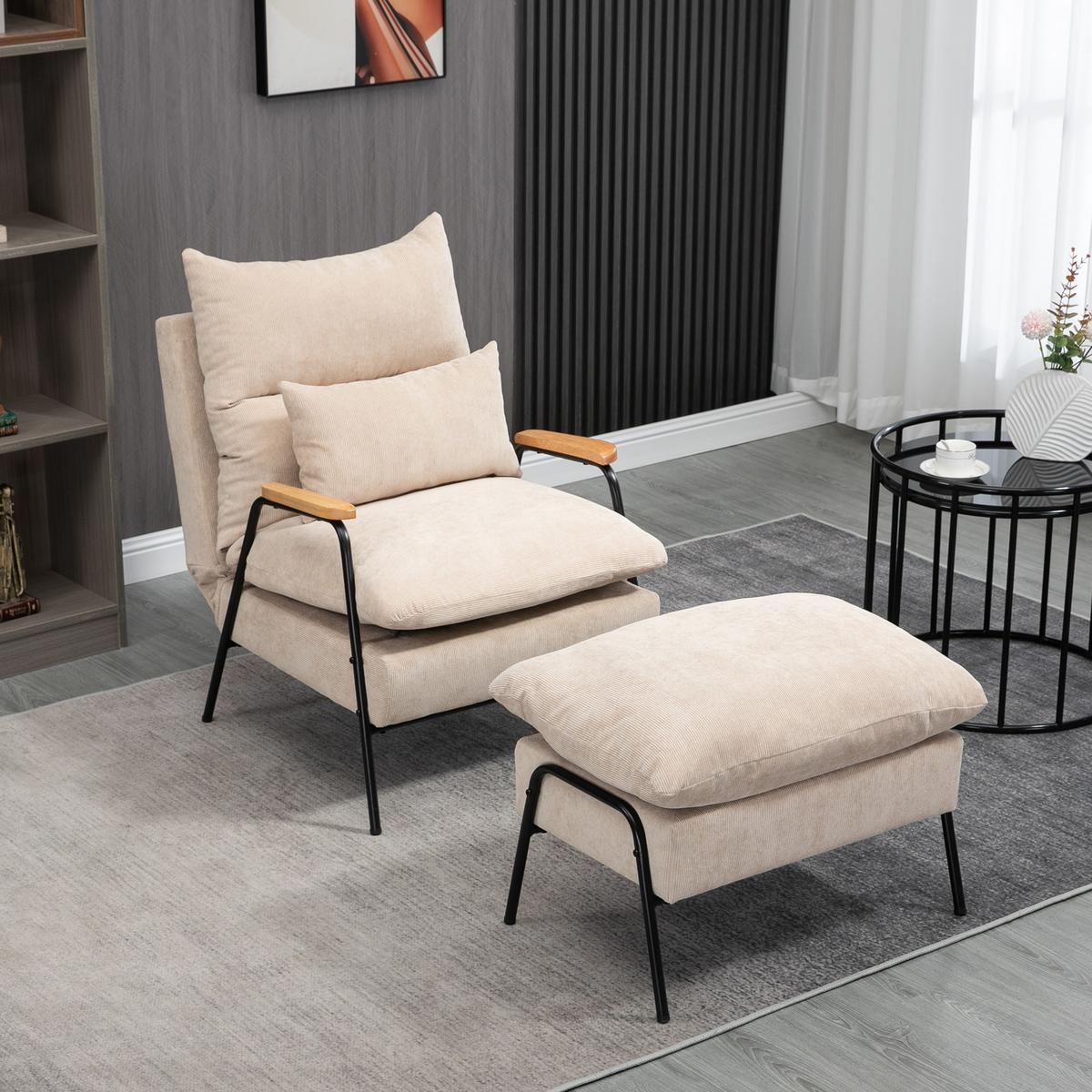 RELAXSESSEL mit Hocker Sessel mit Verstellbar Rückenlehne, Kissen für Wohnzimmer - Beige, Kunststoff (68/88/91.5cm) - HOMCOM