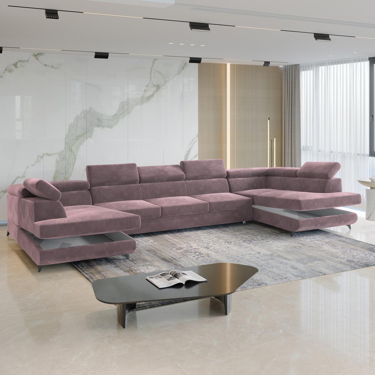 WOHNLANDSCHAFT URMANO Lila Velours-Stoff mit Schlaffunktion - Lila, Holz (395/89/190cm) - MASSENO