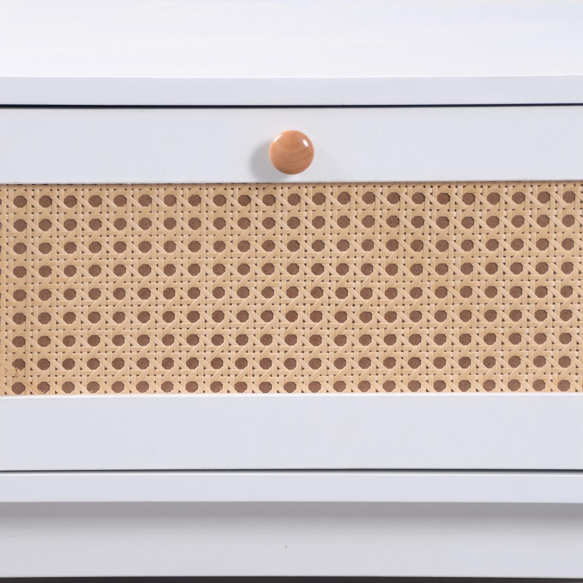 COUCHTISCH weiß & holz-optik mit rattan-schublade & massivholz-schiebetüren - Weiß, Holzwerkstoff (55/110/38.5cm) - Urban Meuble