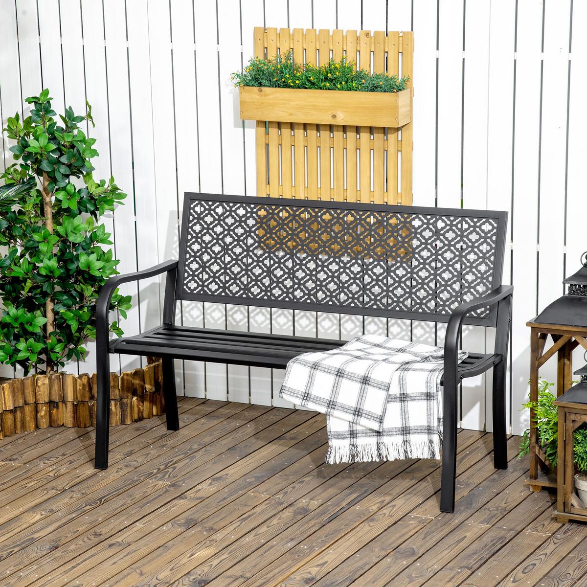 SITZBANK MIT BLUMENMUSTER, max. 240 kg, 127 x 63 x 83 cm, Stahl, Schwarz - Schwarz, Metall (63/83/127cm) - Outsunny