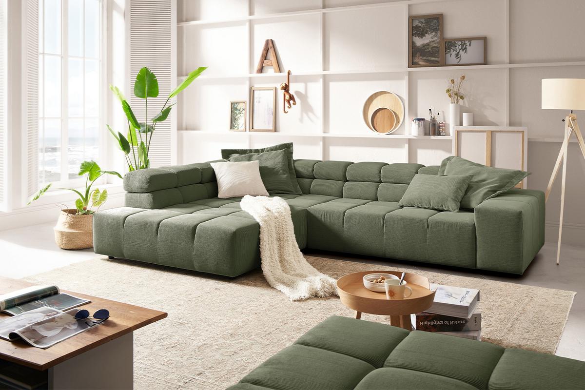 ECKSOFA NEVADA Dunkelgrün Cord - Dunkelgrün/Schwarz, Kunststoff/Textil (319/215cm) - KAWOLA