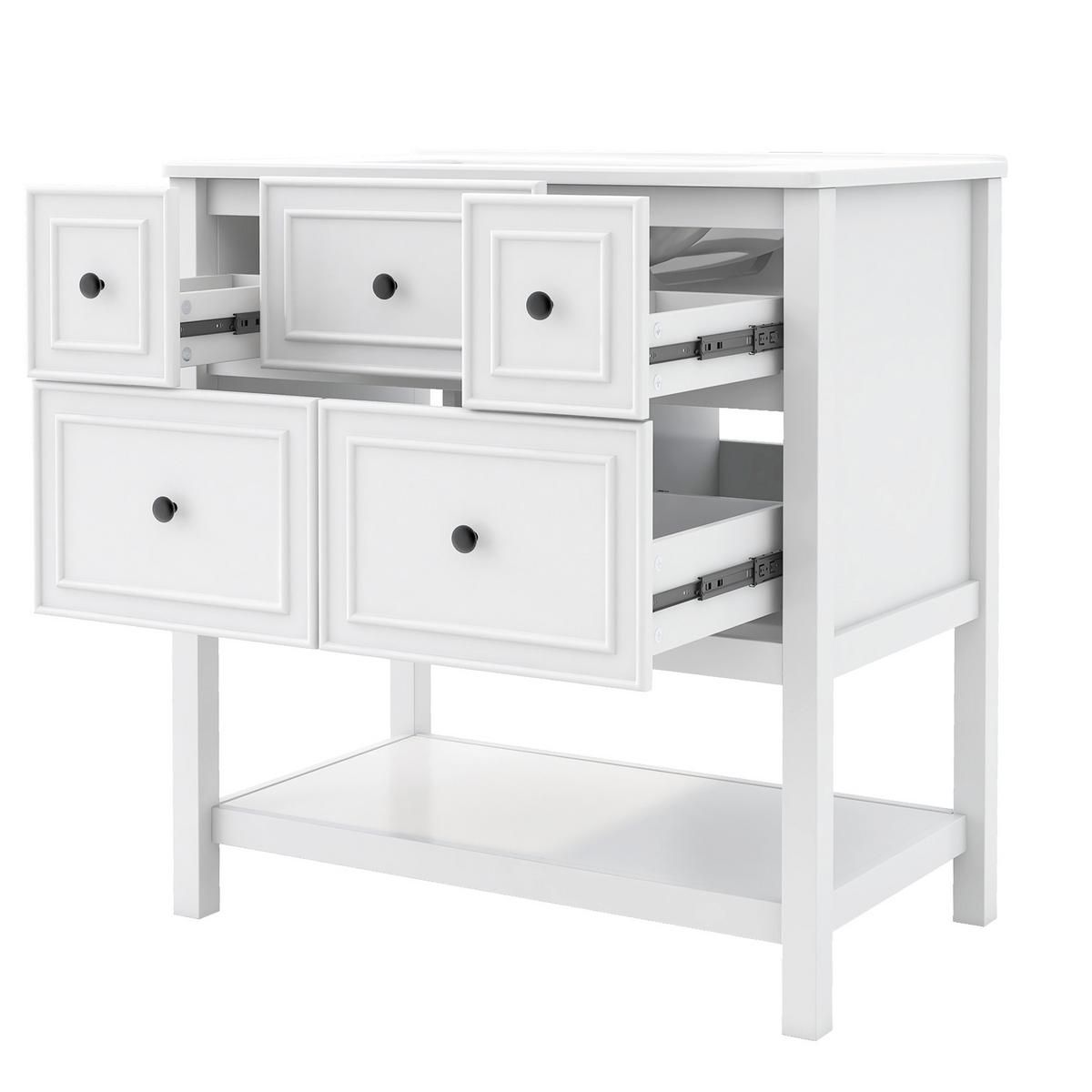 WASCHTISCH Freistehend Weiß mit Keramikbecken, 5 Schubladen & Ablage - Weiß, Holzwerkstoff (76/82/46.5cm) - Urban Meuble