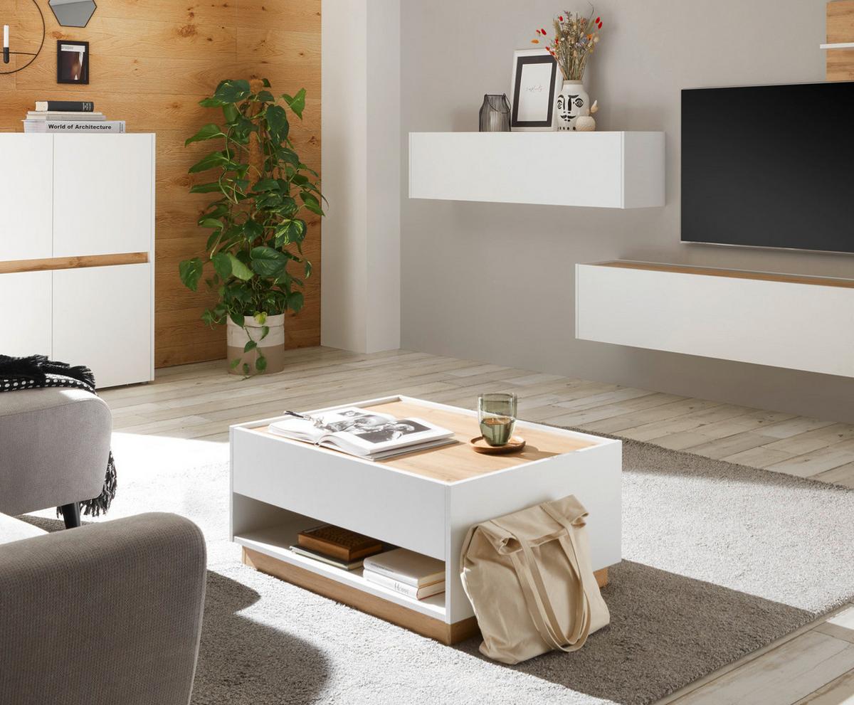 COUCHTISCH weiß, Eiche Wotan 90 x 60 cm, Wohnzimmertisch mit Stauraum - Eiche Wotan/Weiß, Holz/Holzwerkstoff (90/60/38cm) - Furn.Design