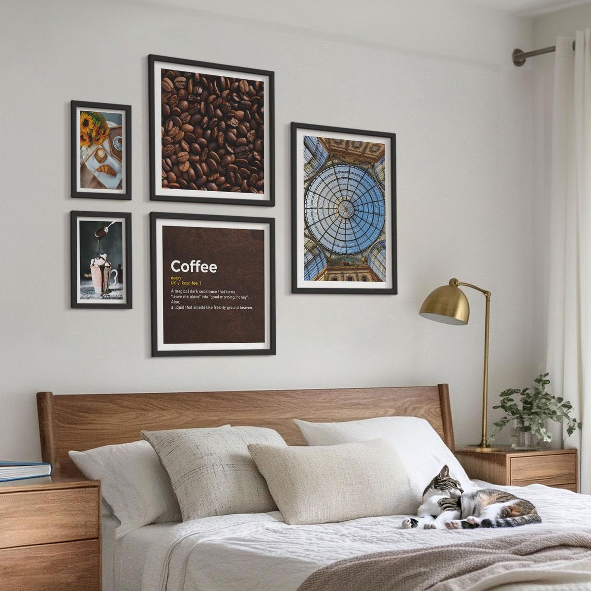 BILDER SET 5er Set - 50x50 cm & 20x30 cm & 40x60 cm Schwarzer Rahmen - Italienische Frühstückskaffeebohnen - Schwarz, Kunststoff (40/60cm) - TULUP