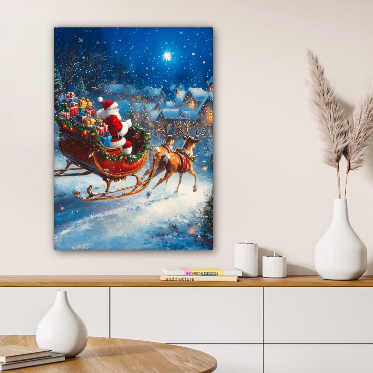 LEINWANDBILD Weihnachtsmann - Rentier - Weihnachten - Schnee Wandbild Wohnzimmer 60x80 cm - Cognac, Textil (60/80cm) - MuchoWow