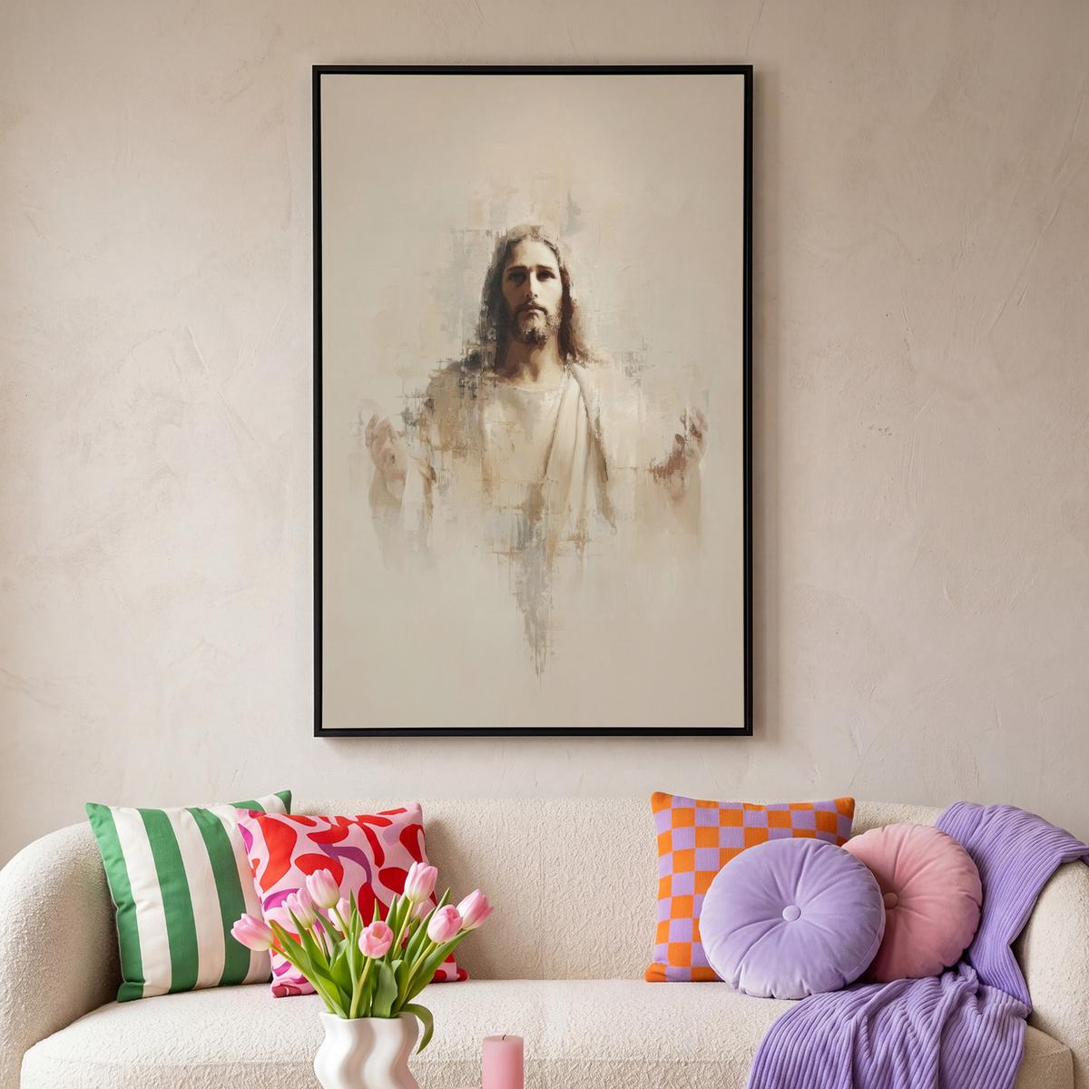 LEINWAND Bilder mit Rahmen - Porträt - Abstrakt - Jesus - Beige - 80x120 - Beige, Textil (80/120cm) - MuchoWow