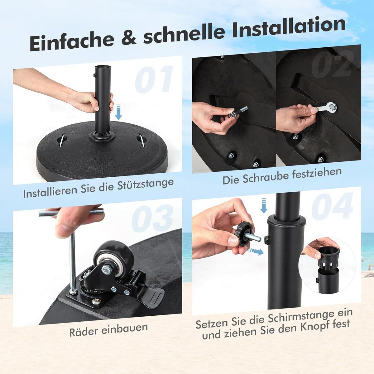 SONNENSCHIRMSTÄNDER mit Rollen & Griffen Schwarz - Schwarz, Metall (52/41.5/52cm) - COSTWAY