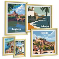 BILDER SET 5er Set - 50x50 cm & 20x30 cm & 40x60 cm Goldrahmen - Illustrationen zur Retro-Architektur der Berge - Goldfarben, Kunststoff (40/60cm) - TULUP