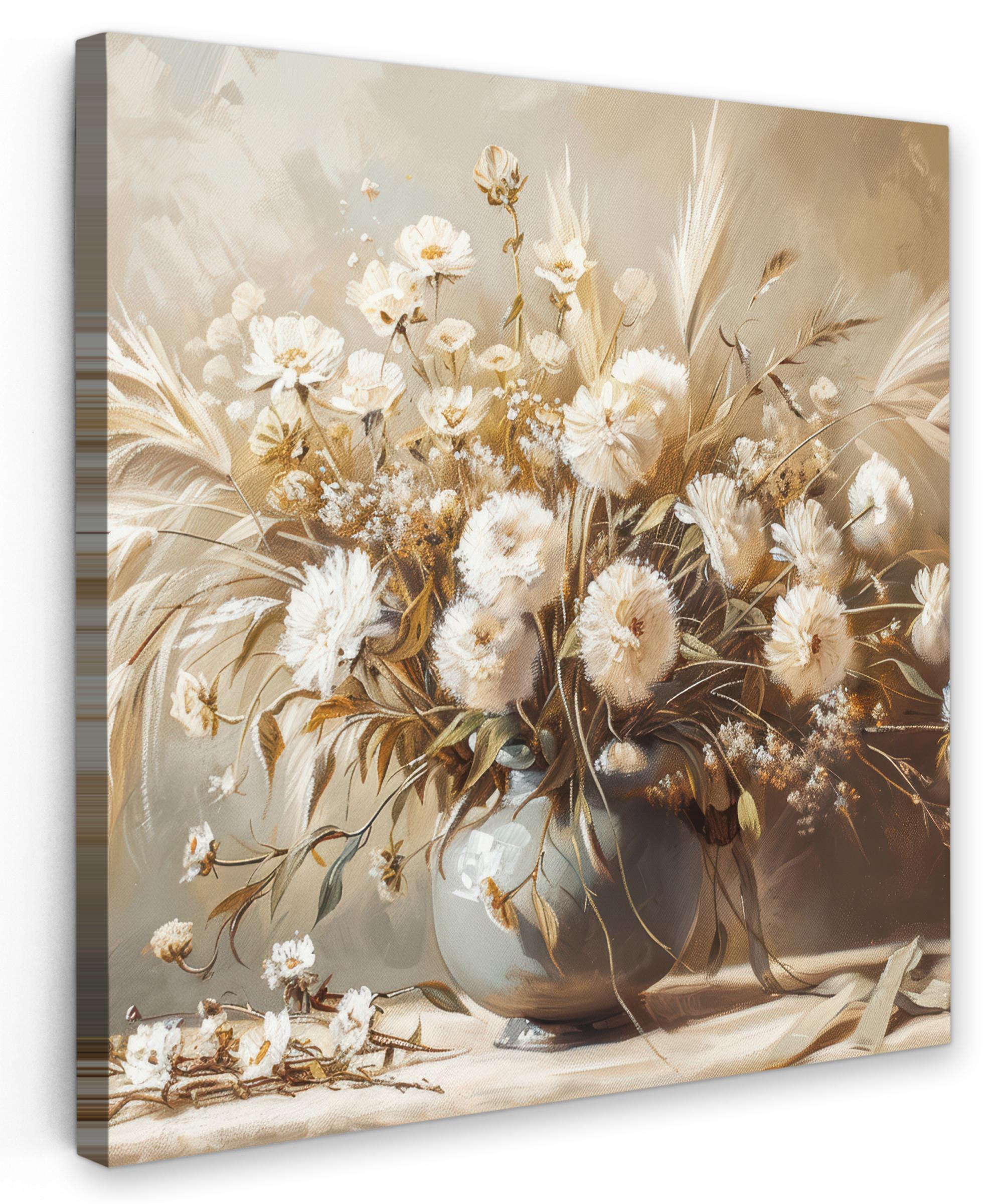LEINWANDBILD Blumen - Vase - Stilleben - Beige Deko Wohnzimmer 20x20 cm - Creme, Textil (20/20cm) - MuchoWow