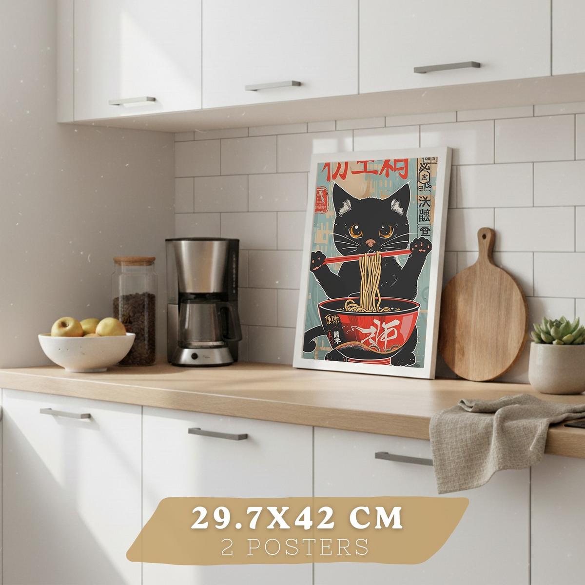 POSTER 4er Set Japanische Ramen Tier-Wandbilder Katze Fuchs und Hase Nudeln Vintage Küche Deko Weißer Rahmen A3 - Weiß, Papier (29.7/1/42cm) - Nacnic