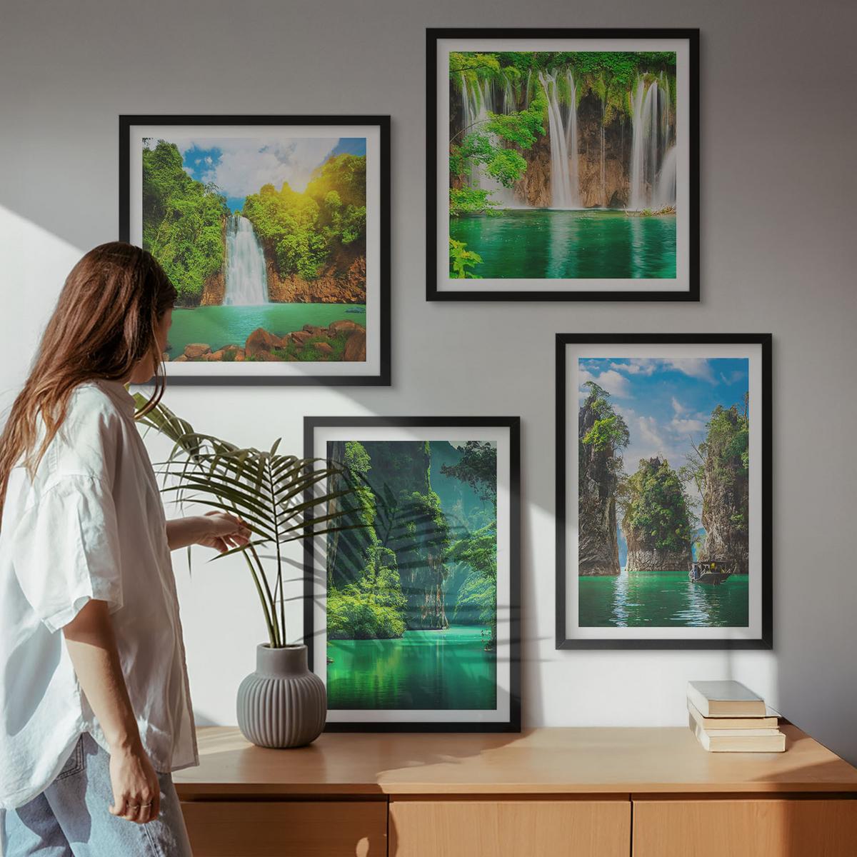BILDER SET 4er Set - 50x50 cm & 40x60 cm Schwarzer Rahmen - Grüne Landschaften, Wasserfälle - Schwarz, Kunststoff (50/50cm) - TULUP