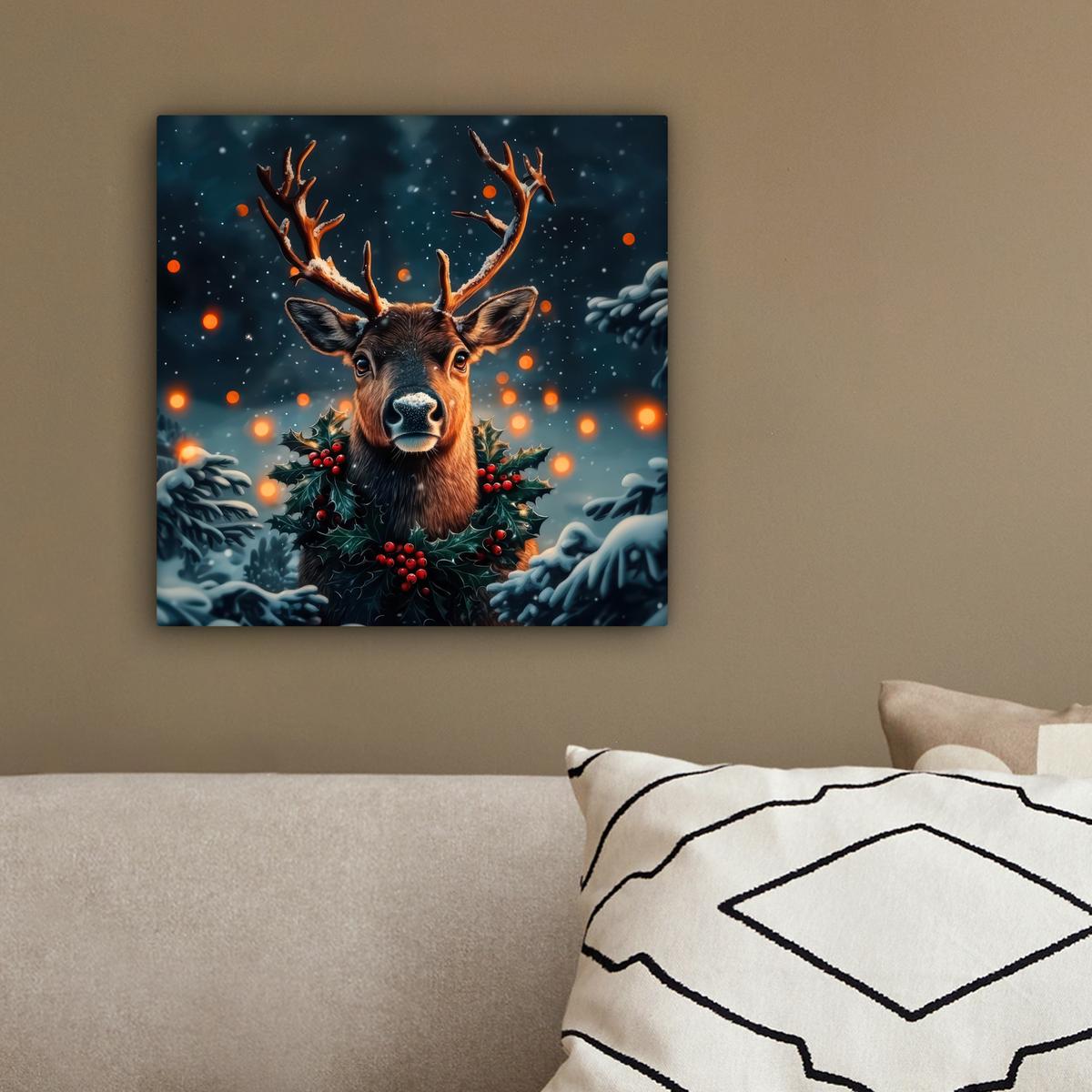 LEINWANDBILD Hirsch - Weihnachten - Winter - Schnee - Weihnachtskranz Deko Wohnzimmer 20x20 cm - Dunkelbraun, Textil (20/20cm) - MuchoWow