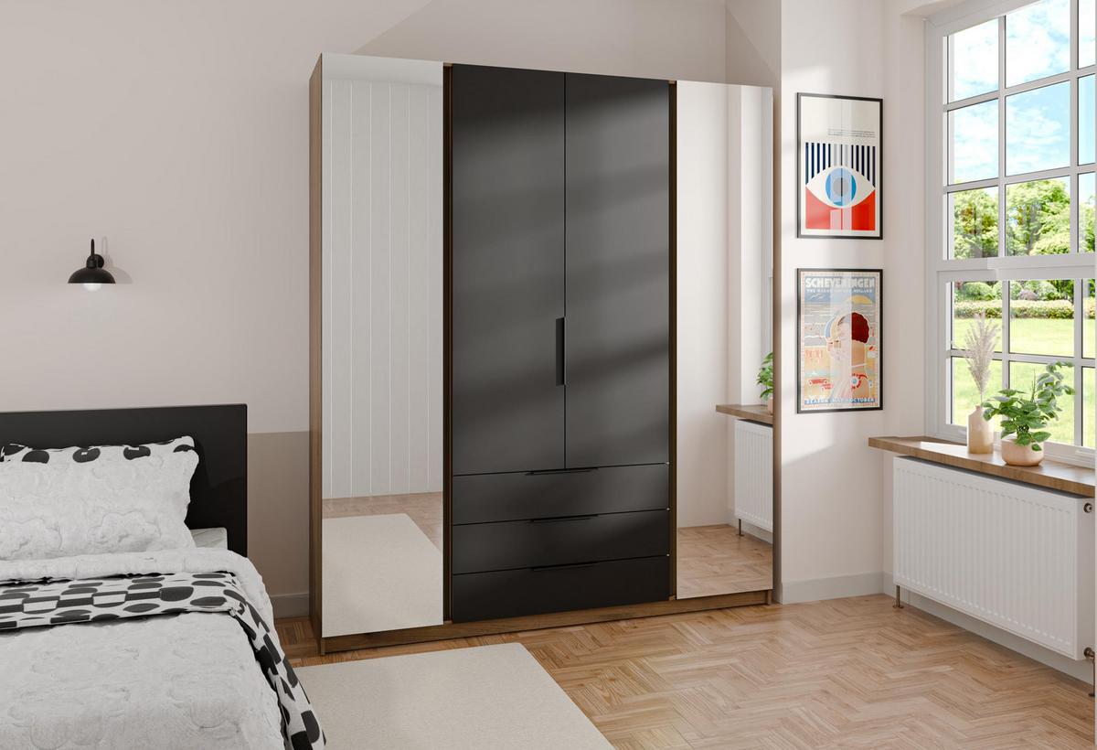 KLEIDERSCHRANK Nehir Eiche Evoke/Schwarz 200 cm - 4T3S Modern mit Schubladen und 2 Spiegeln außen - Eichefarben/Schwarz, Holzwerkstoff/Kunststoff (200/239/61.9cm) - AX Living