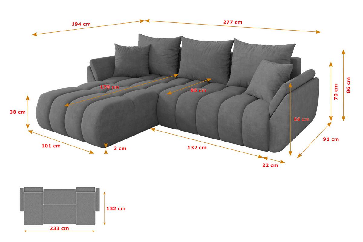 ECKSOFA mit Schlaffunktion Ottomane Links TOKO-L-v1 277x194x86 Grau Velours - Taupe/Schwarz, Holzwerkstoff/Kunststoff (277/194cm) - ALTDECOR