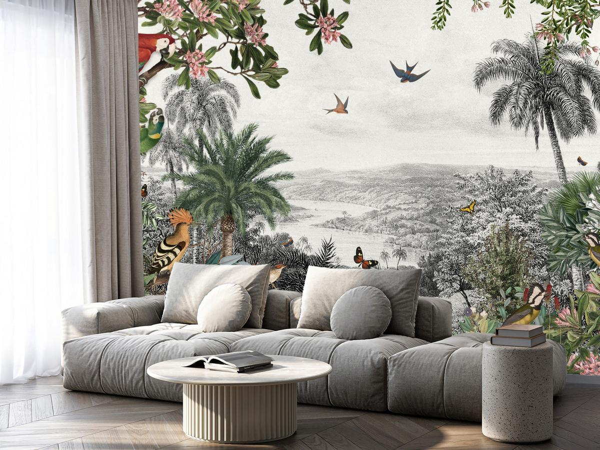 FOTOTAPETE für Wohnzimmer Tropenpapageien Vögel Palmen 250x175 - Gelb/Rot, Papier (250/175cm) - Muralo