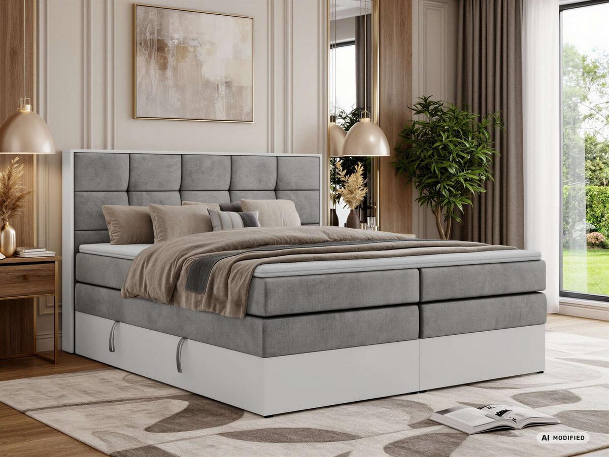BOXSPRINGBETT ALVIT KING 140/200 - Hellgrau Velvet - Topper Visco - H3 - Hellgrau/Schwarz, Kunststoff/Textil (140/200cm) - MKS