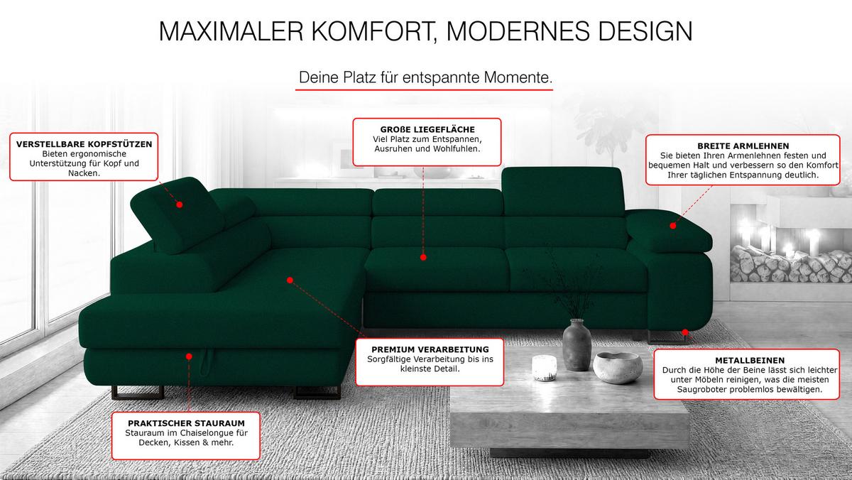 ECKSOFA Velmo mit Bettkasten und Schlaffunktion, verstellbaren Kopfstützen, in L-Form - Dunkelgrün, Textil (275/203cm)