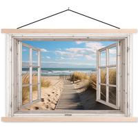 POSTER MIT MAGNETLEISTEN Fenster - Meer - Küste - Natur - Ausblick - Strand - Wattenmeer Wanddeko 90x60 cm - Beige, Textil (90/60/0.15cm) - MuchoWow
