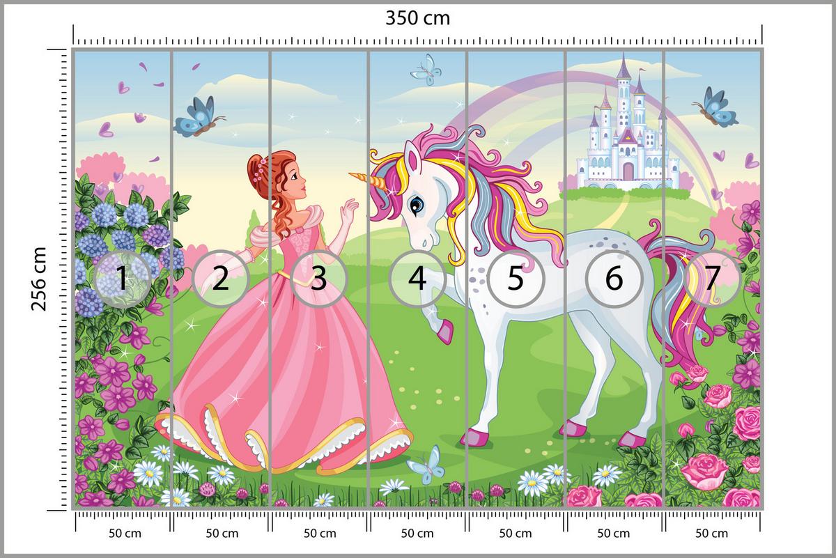 FOTOTAPETE für Kinderzimmer Prinzessin Einhorn Schloss Blumen 350x256 - Blau/Gelb, Papier (350/256cm) - Muralo