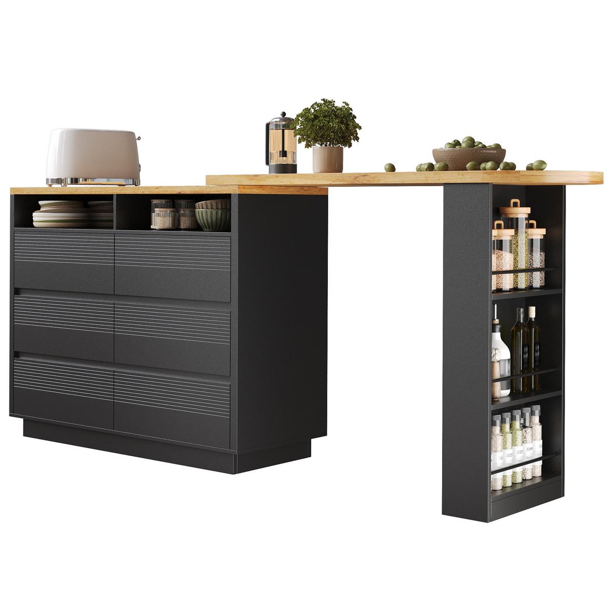 BARTISCH Schwarz Ausziehbar mit 6 Schubladen & Rollen Kücheninsel - Schwarz, Holzwerkstoff (39/215/102cm) - Urban Meuble
