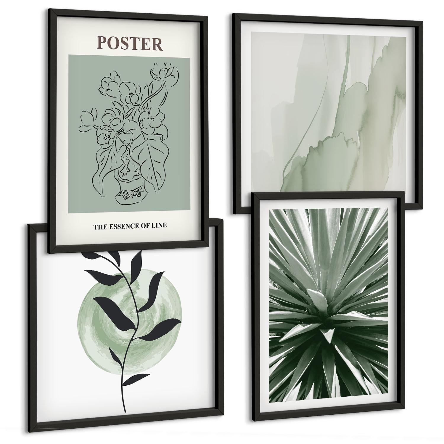 BILDER SET 4er Set - 50x50 cm & 40x60 cm Schwarzer Rahmen - Grün-beige Pflanzenmuster - Schwarz, Kunststoff (50/50cm) - TULUP