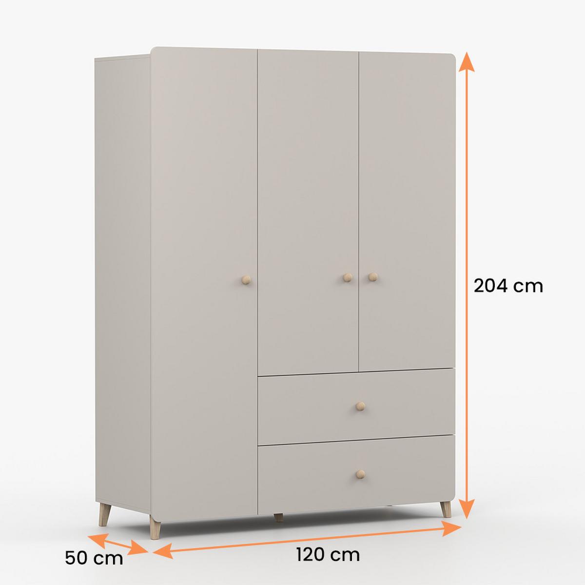 DREHTÜRENSCHRANK MARIO 3D 120 cm Kaschmir/Kaschmir, 3-türig, zwei Schubladen, Holzgriffe - Kaschmir/Eukalyptusholzfarben, Holz/Holzwerkstoff (120/204/50cm) - imoebel24