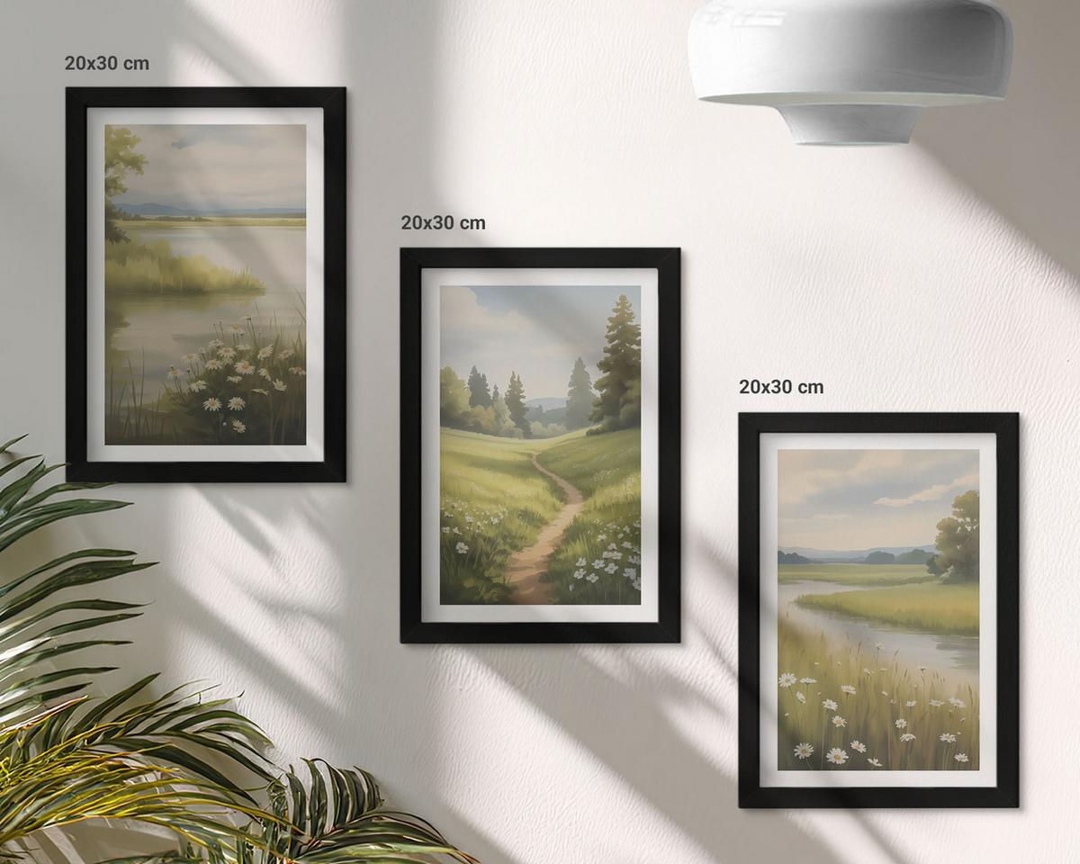 BILDER SET 3er Set - 20x30 cm Schwarzer Rahmen - Frühlingslandschaft Flusswiese - Schwarz, Kunststoff (20/30cm) - TULUP