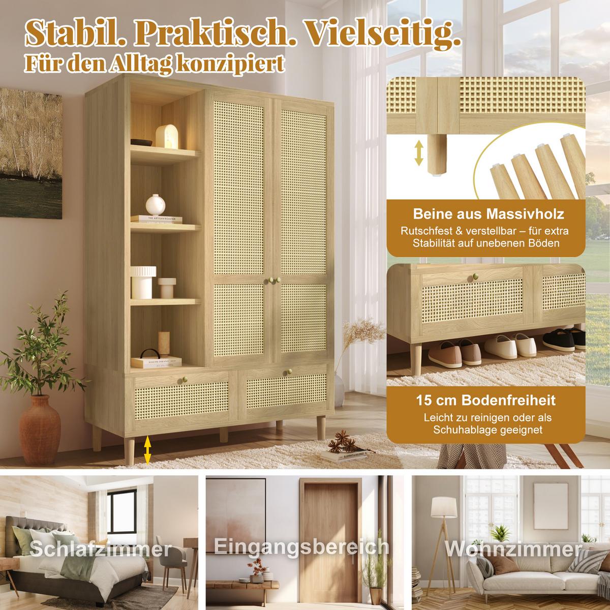 KLEIDERSCHRANK in eichenoptik mit rattan, offene regale, 2 schubladen und kleiderstange - Eichefarben, Holz (120/180/50cm) - Urban Meuble